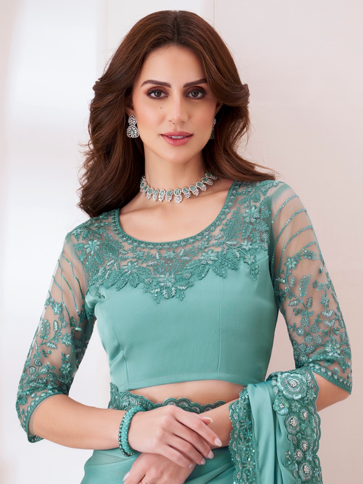 Blue Satin Embroidery Saree - Ressa