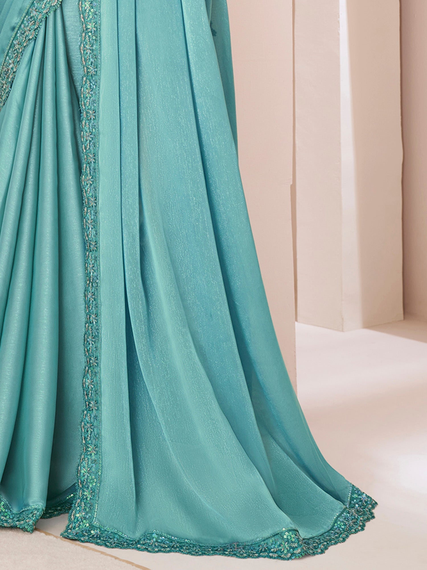 Blue Satin Embroidery Saree - Ressa