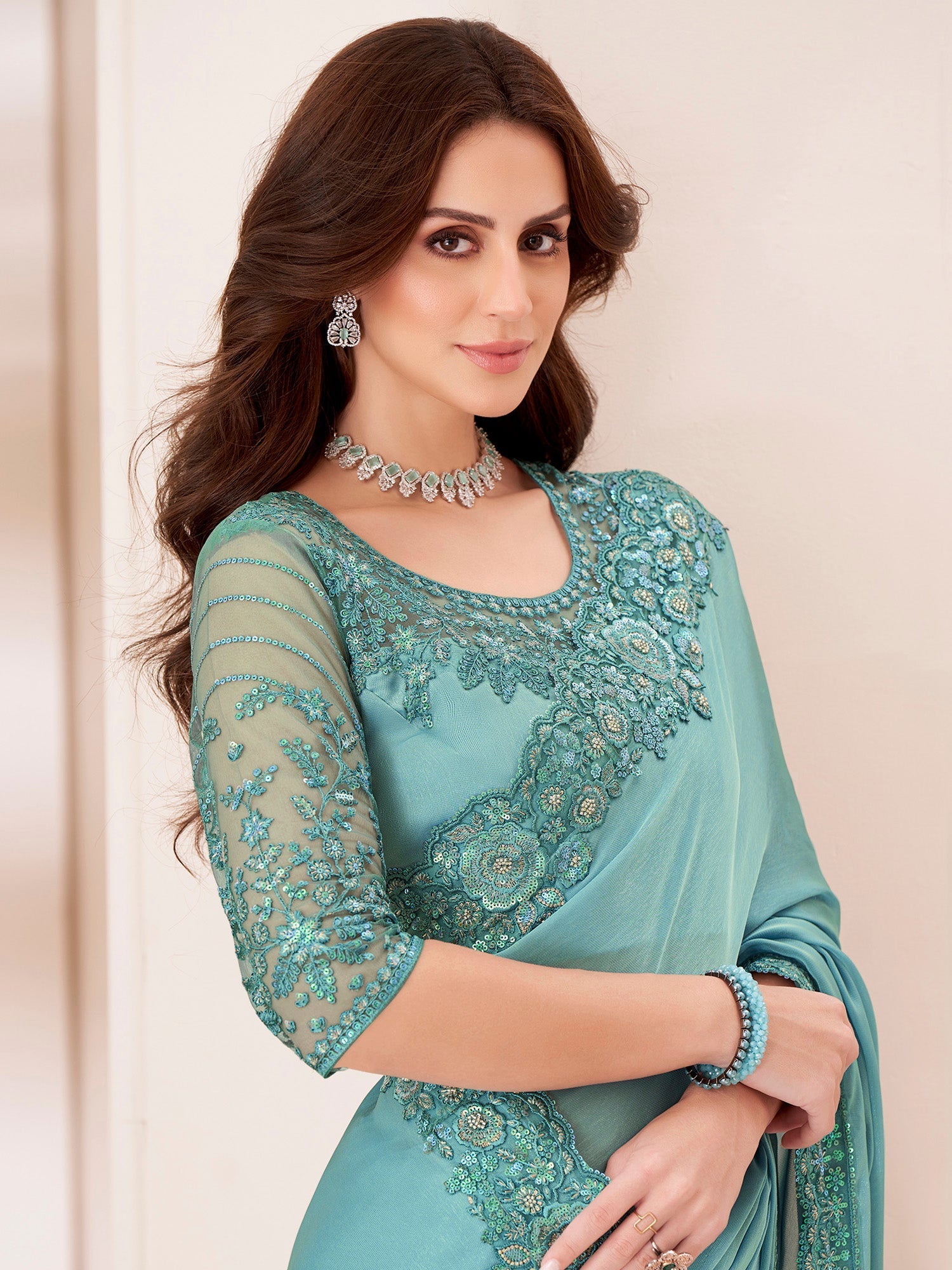 Blue Satin Embroidery Saree - Ressa
