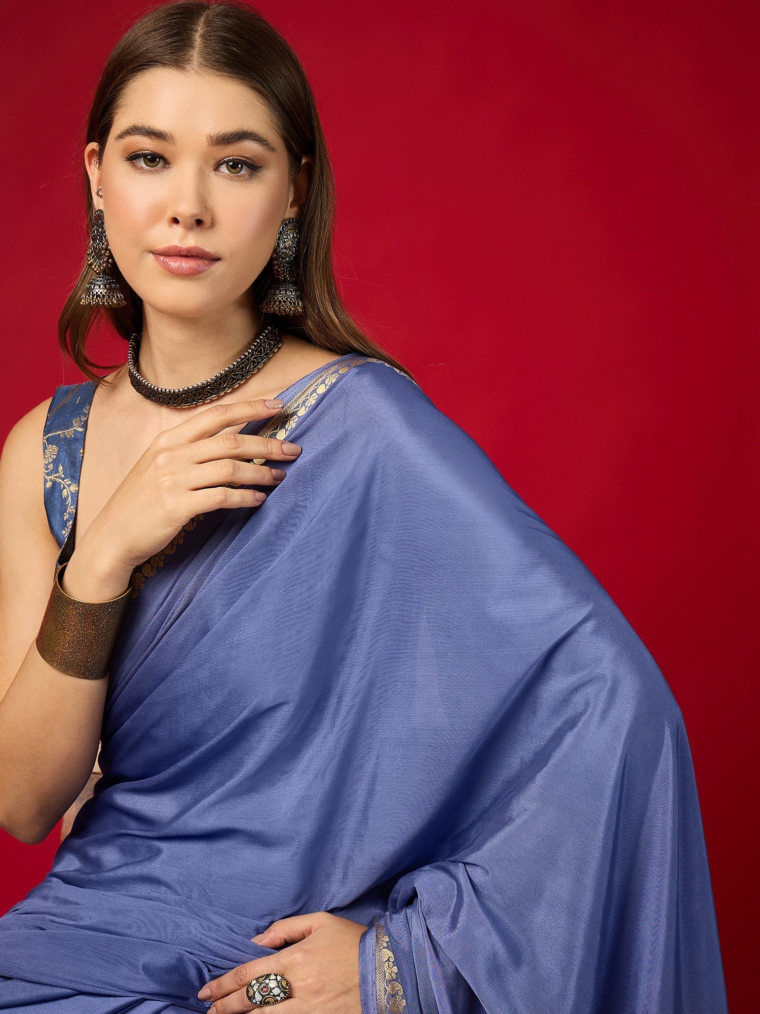 Blue Silk Blend Saree with Zari Border & Brocade Blouse - Ressa