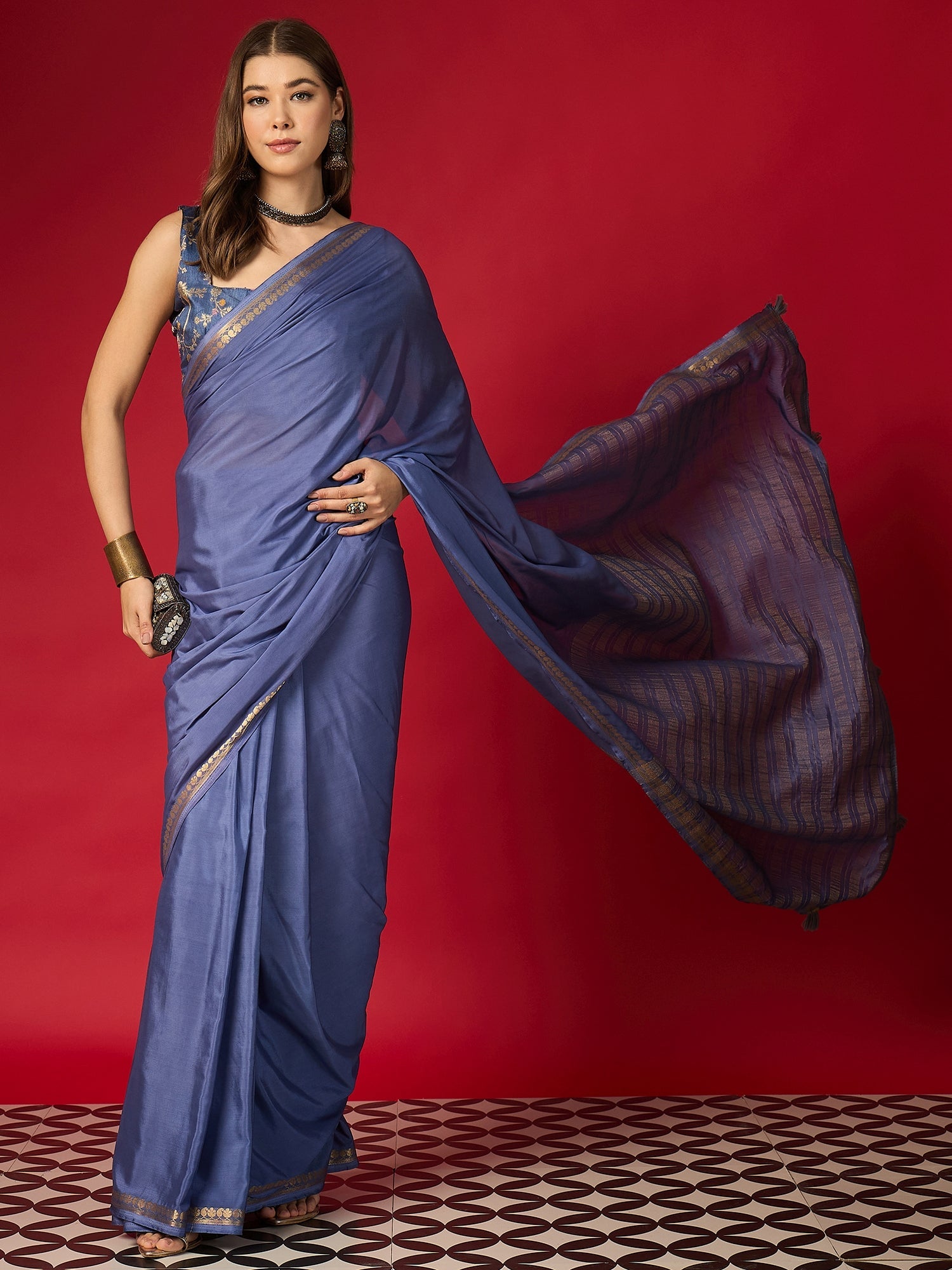 Blue Silk Blend Saree with Zari Border & Brocade Blouse - Ressa