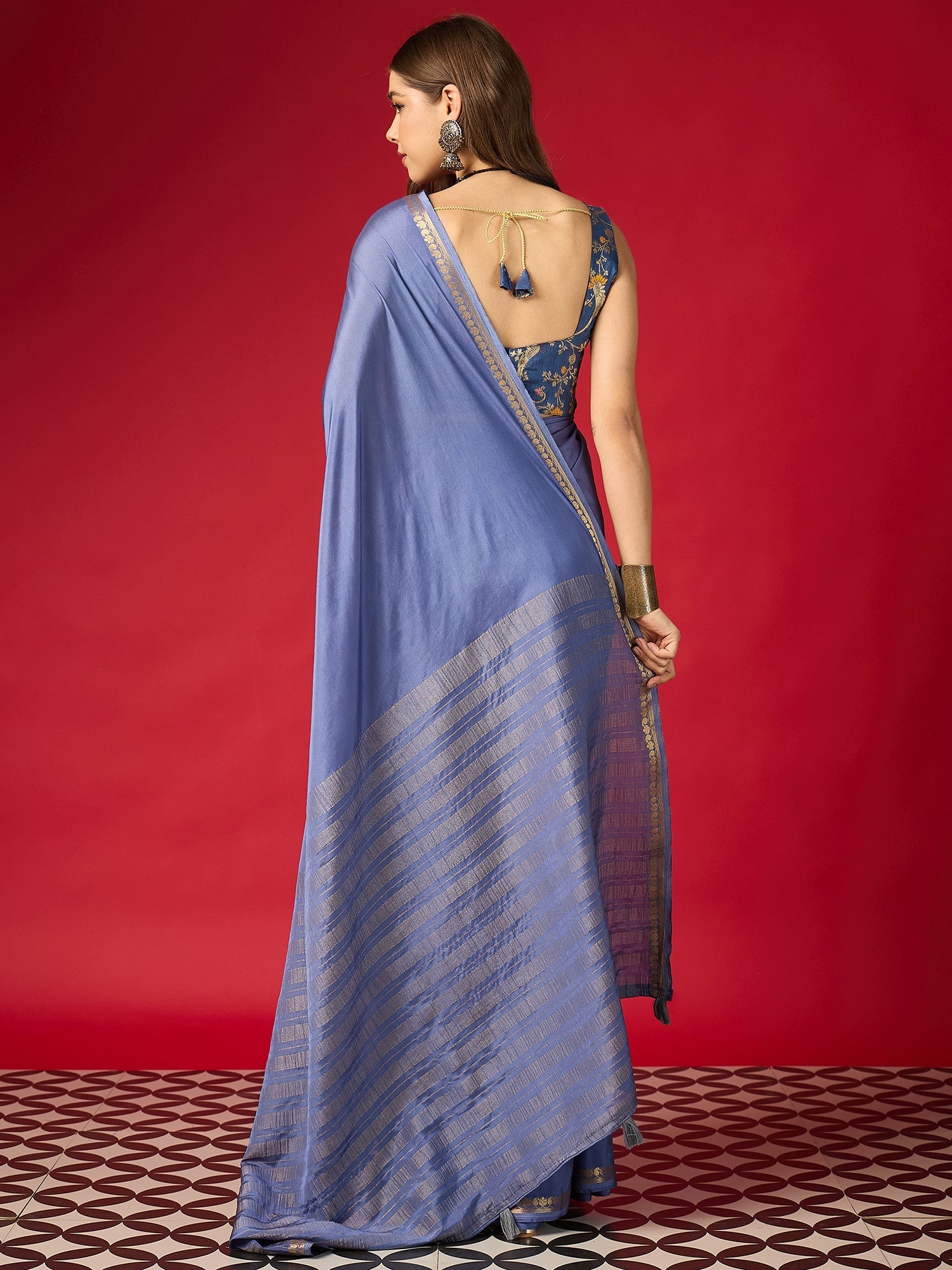 Blue Silk Blend Saree with Zari Border & Brocade Blouse - Ressa
