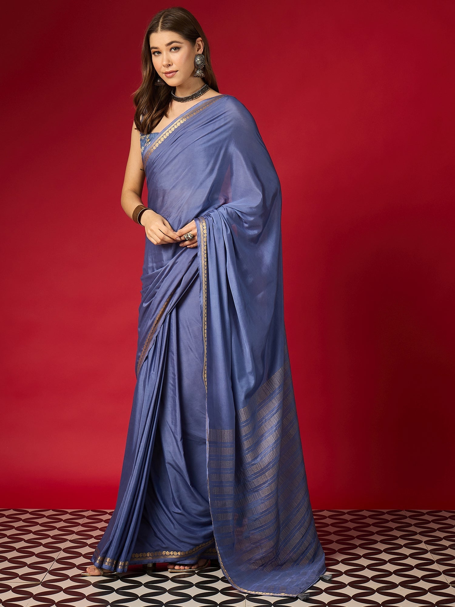 Blue Silk Blend Saree with Zari Border & Brocade Blouse - Ressa
