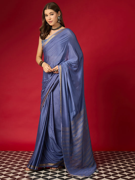 Blue Silk Blend Saree with Zari Border & Brocade Blouse - Ressa