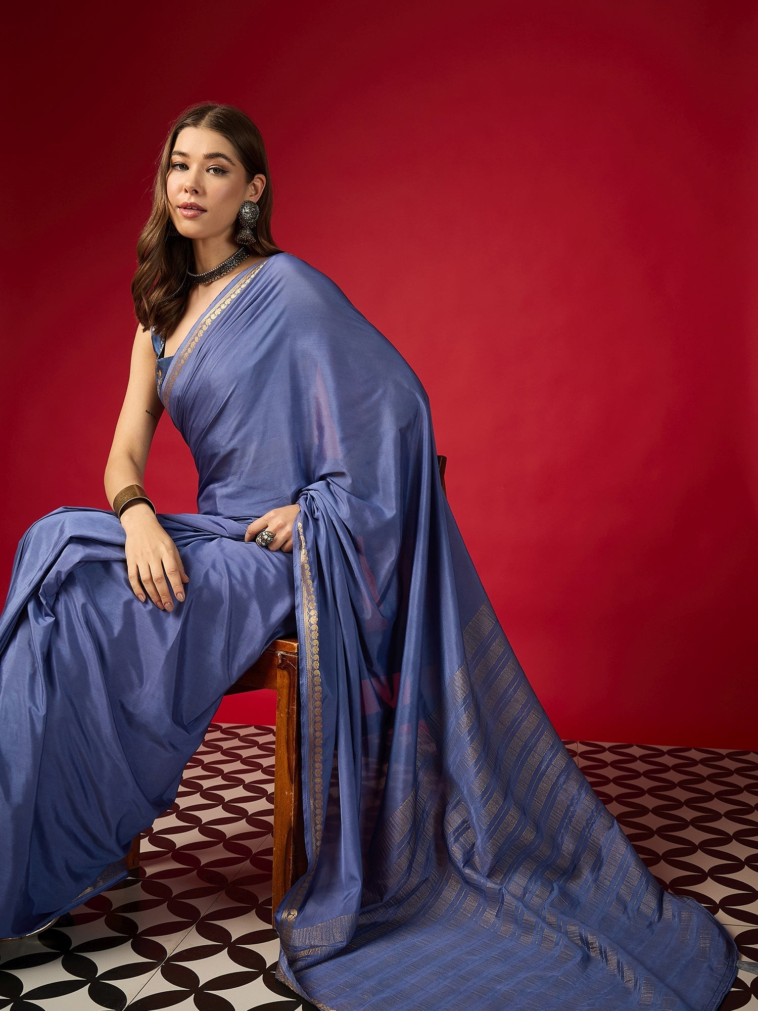 Blue Silk Blend Saree with Zari Border & Brocade Blouse - Ressa