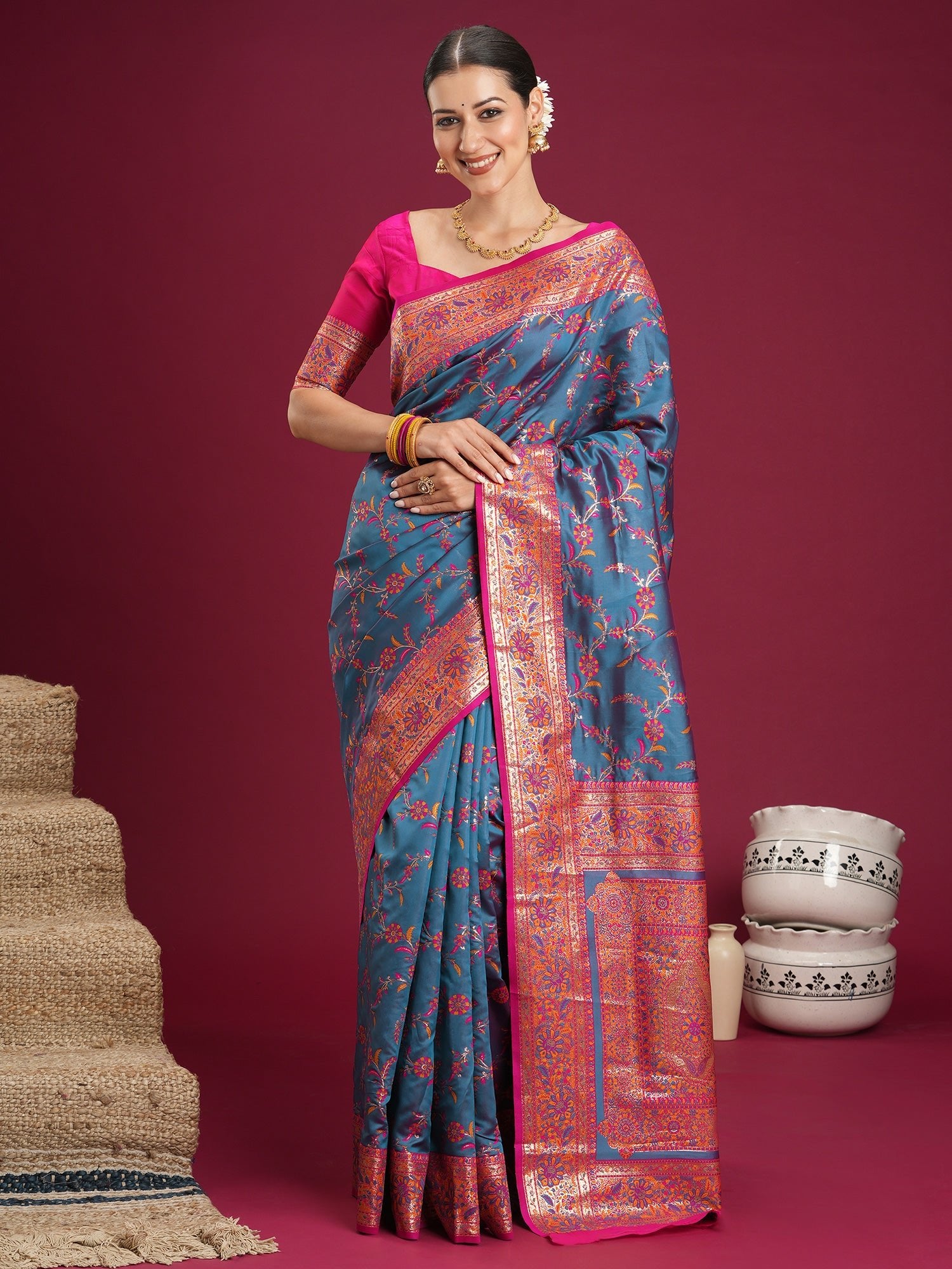 Blue Silk Saree with Floral Jaal - Ressa