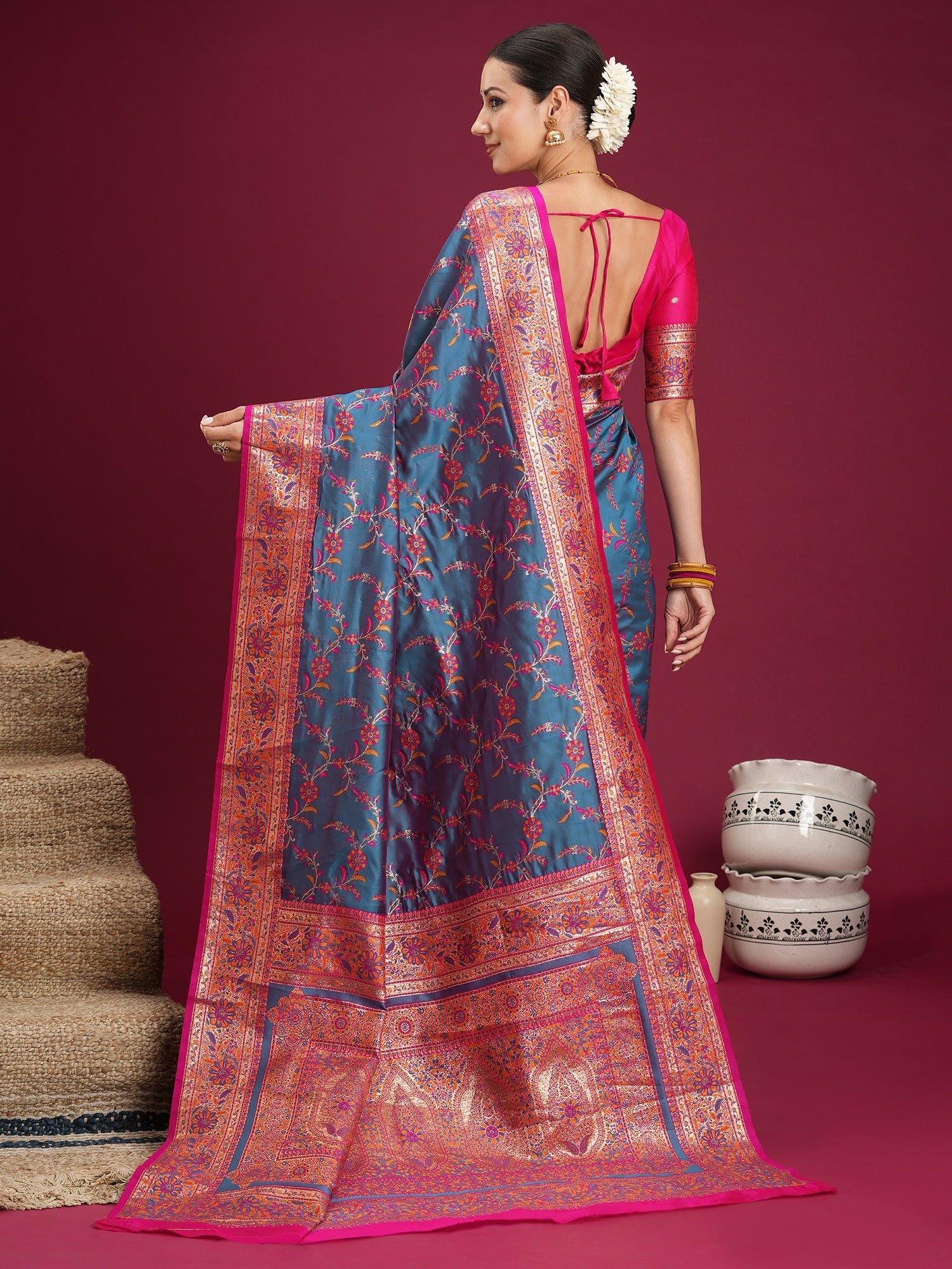 Blue Silk Saree with Floral Jaal - Ressa