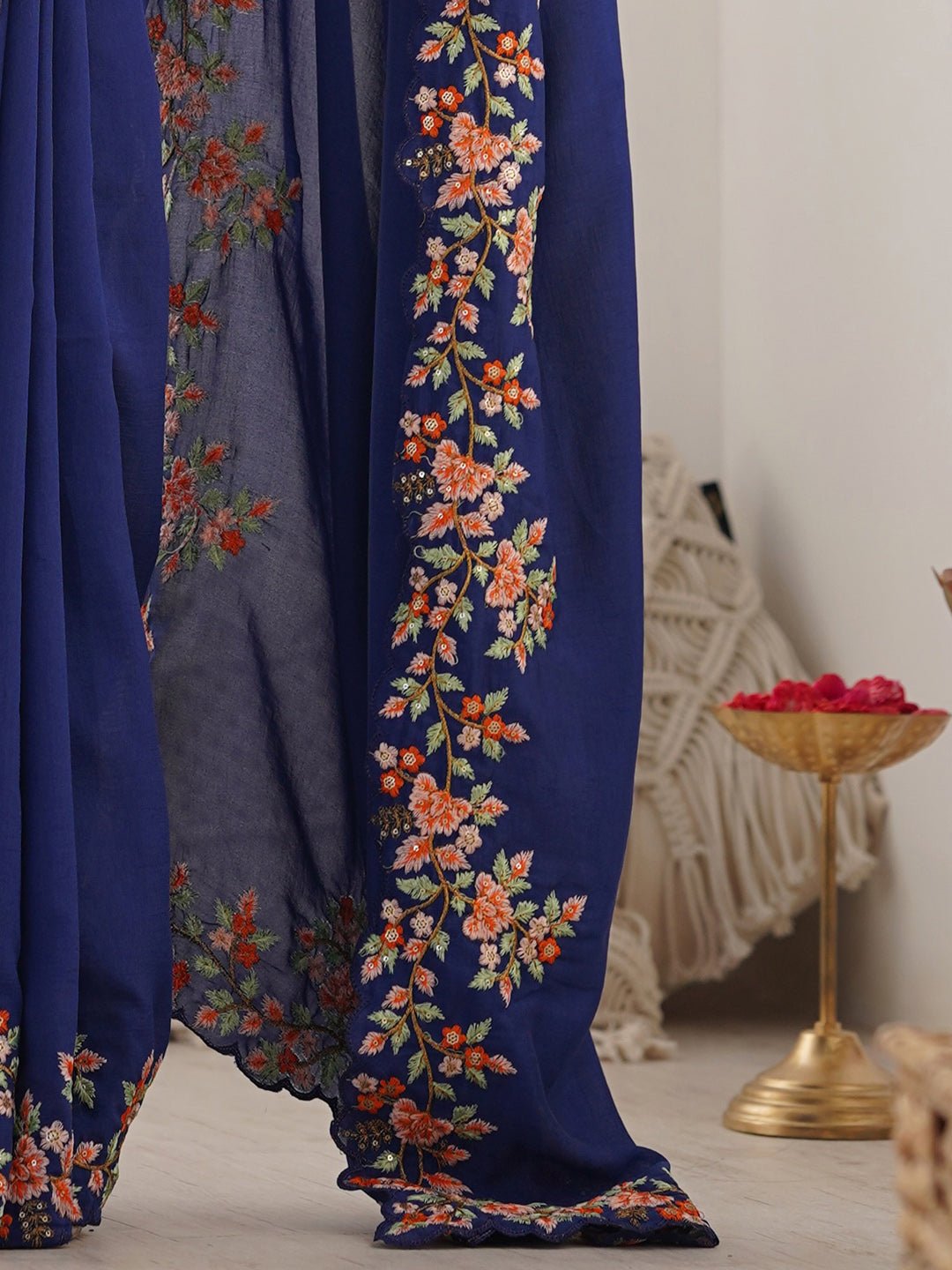 Blue Vichitra Silk Floral Embroidery Saree - Ressa
