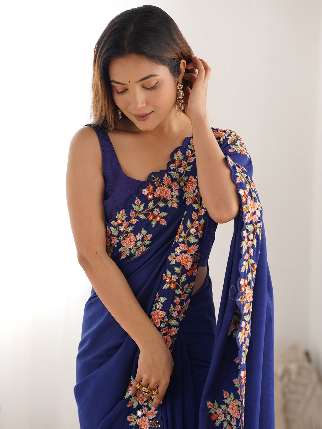 Blue Vichitra Silk Floral Embroidery Saree - Ressa