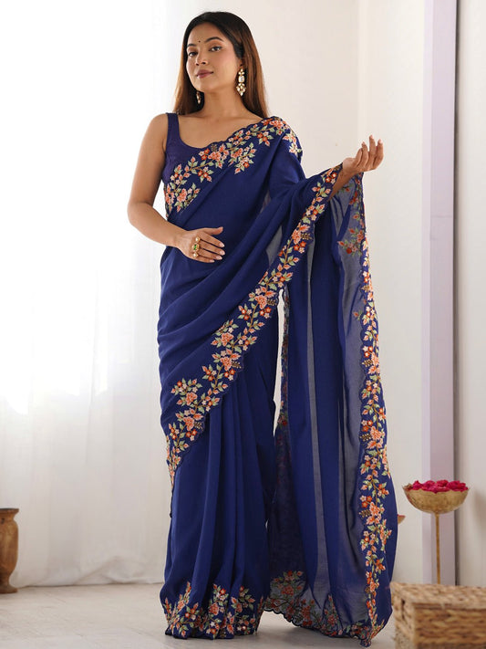 Blue Vichitra Silk Floral Embroidery Saree - Ressa