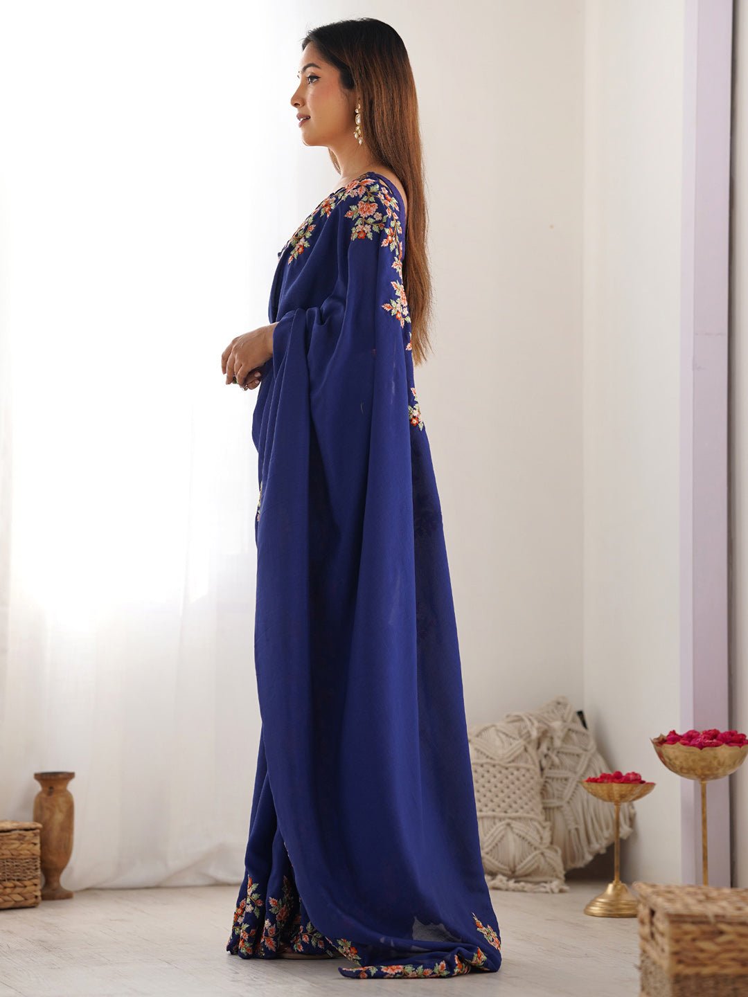 Blue Vichitra Silk Floral Embroidery Saree - Ressa