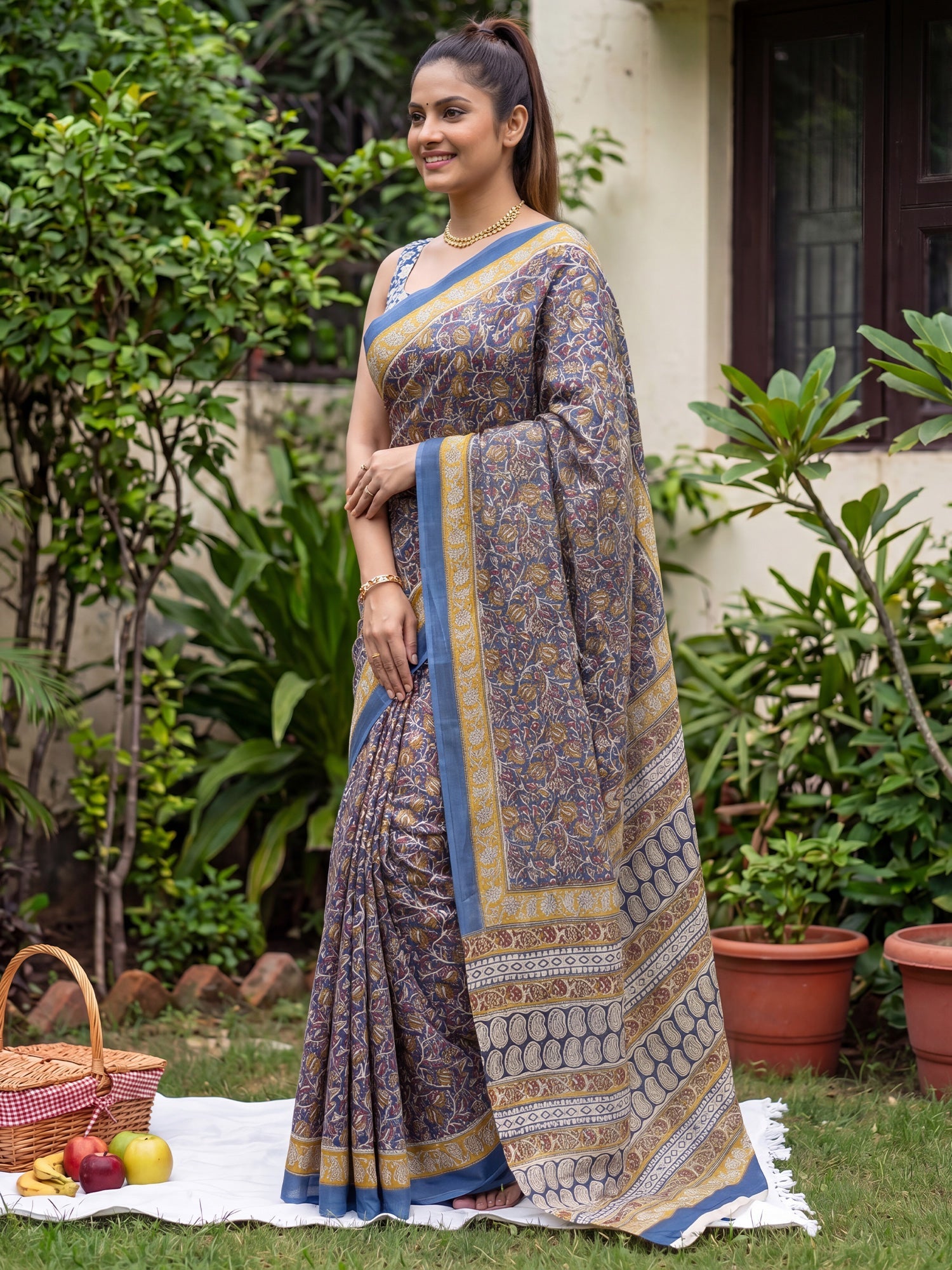 Blue & yellow Saree Kalamkari Print Saree - Ressa