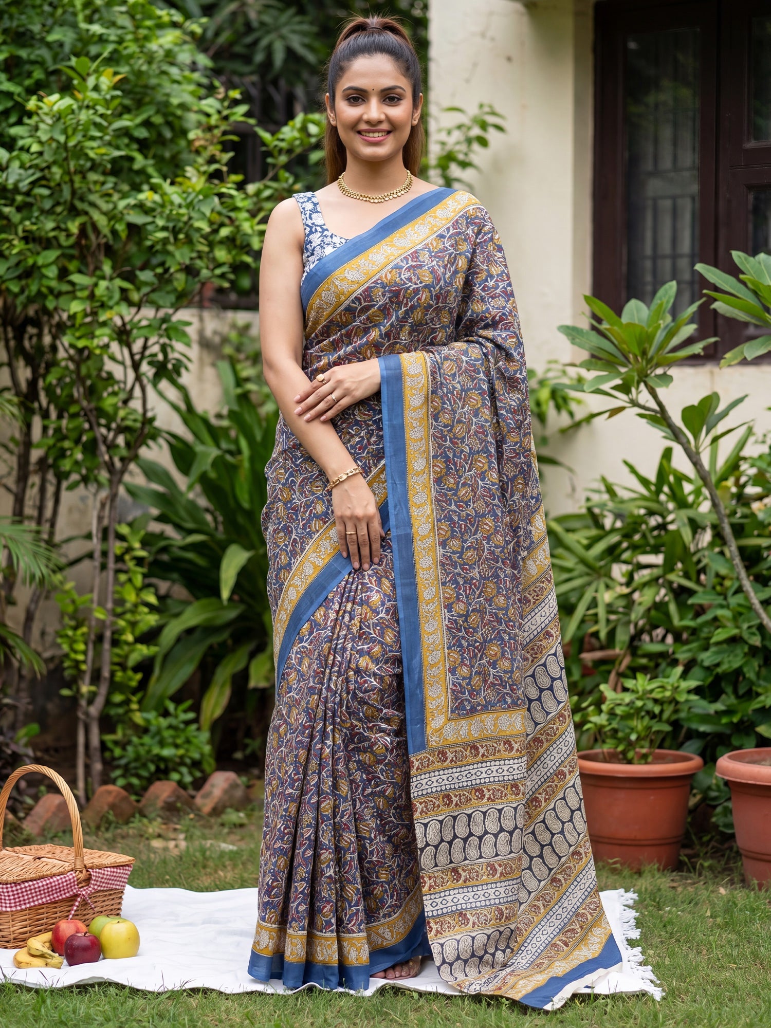 Blue & yellow Saree Kalamkari Print Saree - Ressa