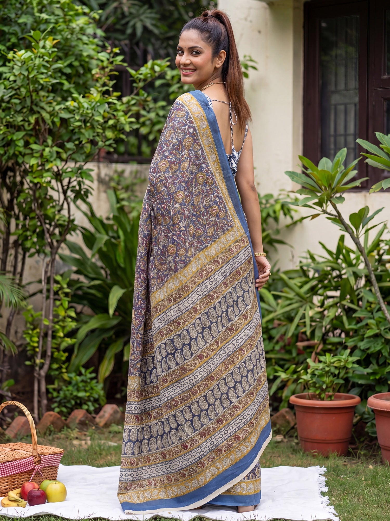 Blue & yellow Saree Kalamkari Print Saree - Ressa