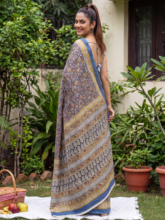 Blue & yellow Saree Kalamkari Print Saree - Ressa