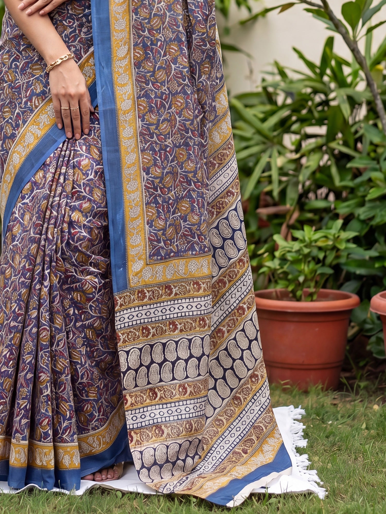 Blue & yellow Saree Kalamkari Print Saree - Ressa