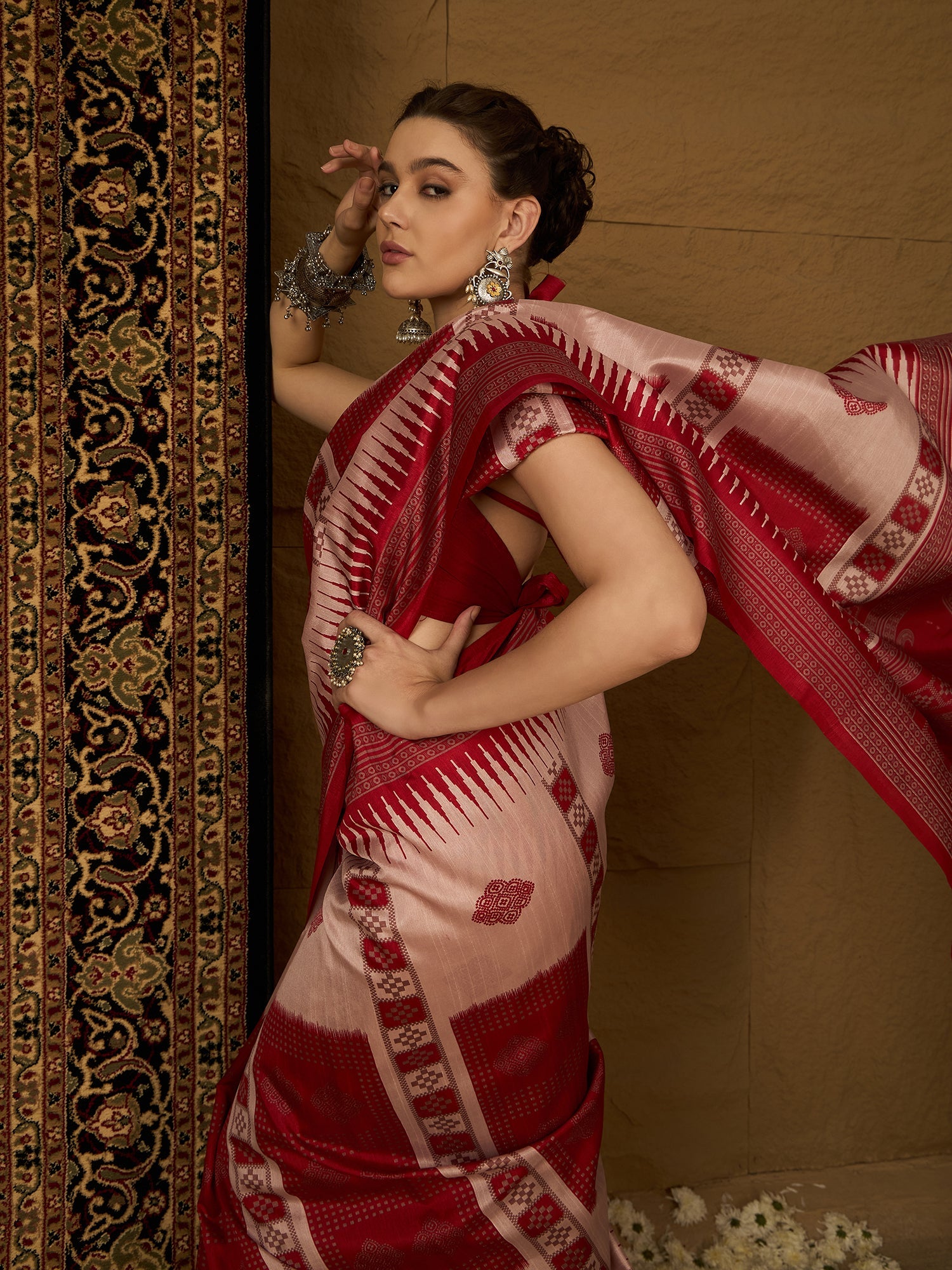 Blush Pink & Crimson Red Ikat Bhagalpuri Silk Saree - Ressa