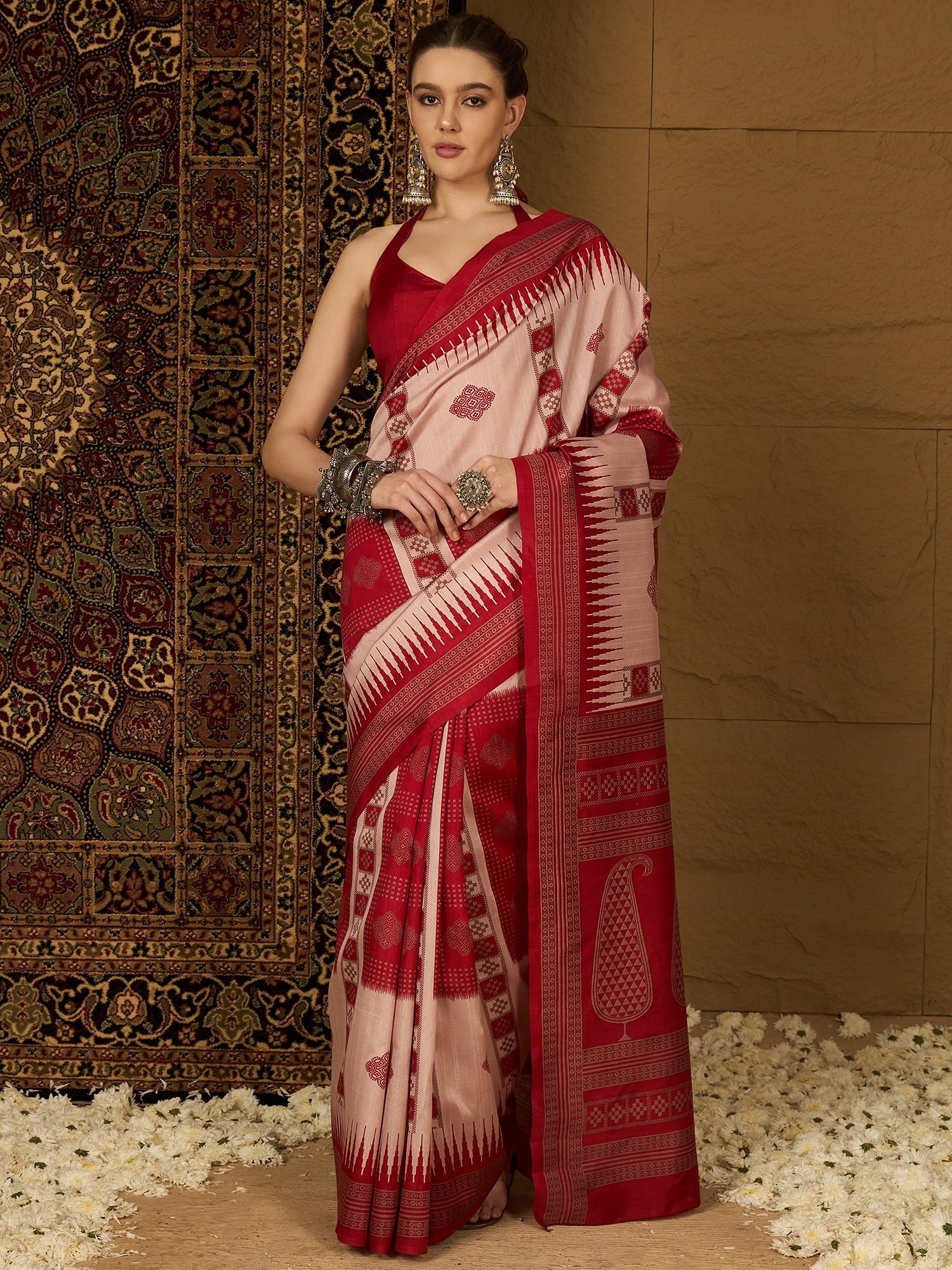 Blush Pink & Crimson Red Ikat Bhagalpuri Silk Saree - Ressa
