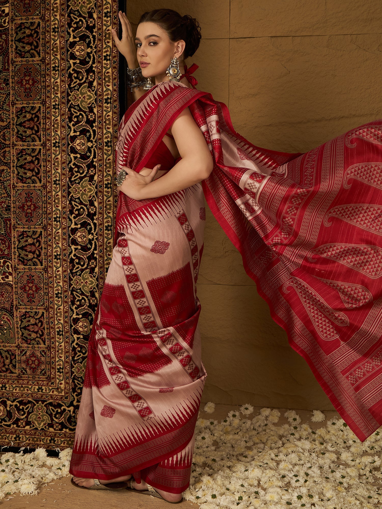 Blush Pink & Crimson Red Ikat Bhagalpuri Silk Saree - Ressa