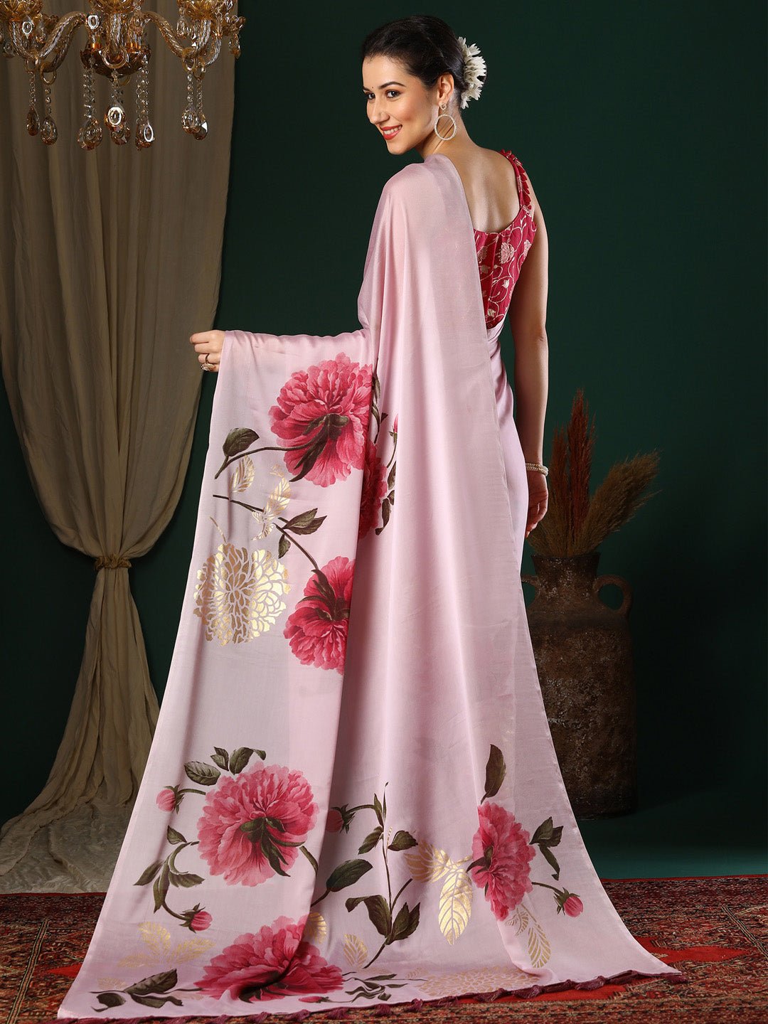 Blush Pink Georgette Saree with Oversized Peony Print - Ressa