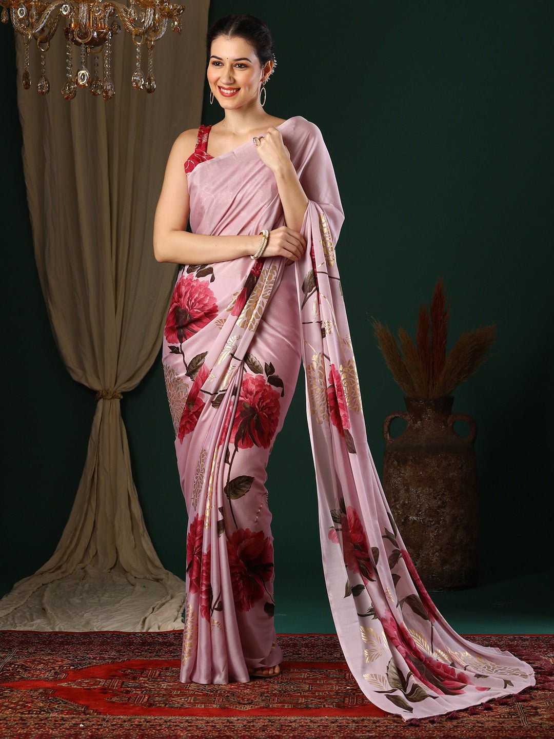 Blush Pink Georgette Saree with Oversized Peony Print - Ressa