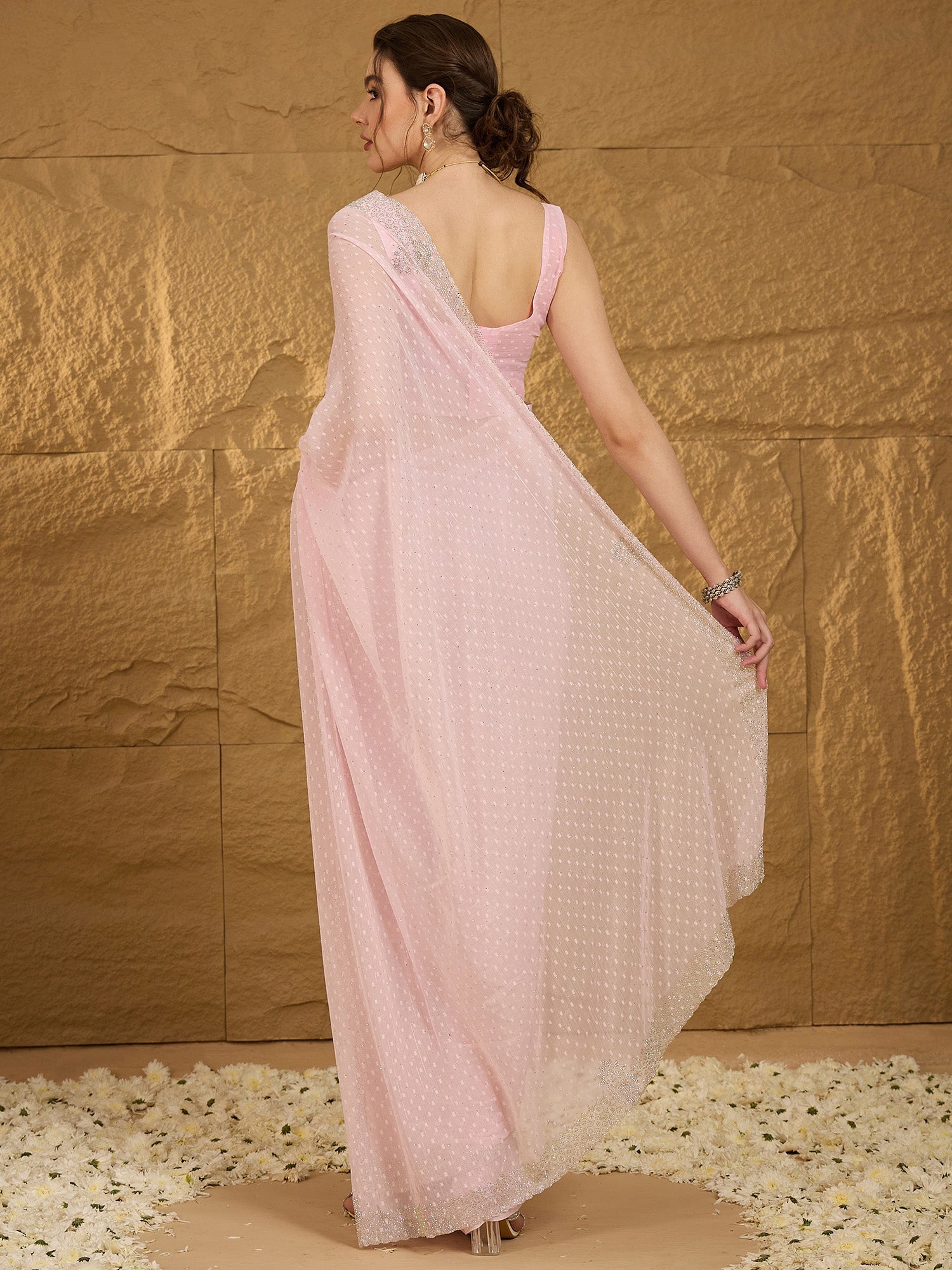 Blush Pink Georgette Sequin Embroidery Saree - Ressa