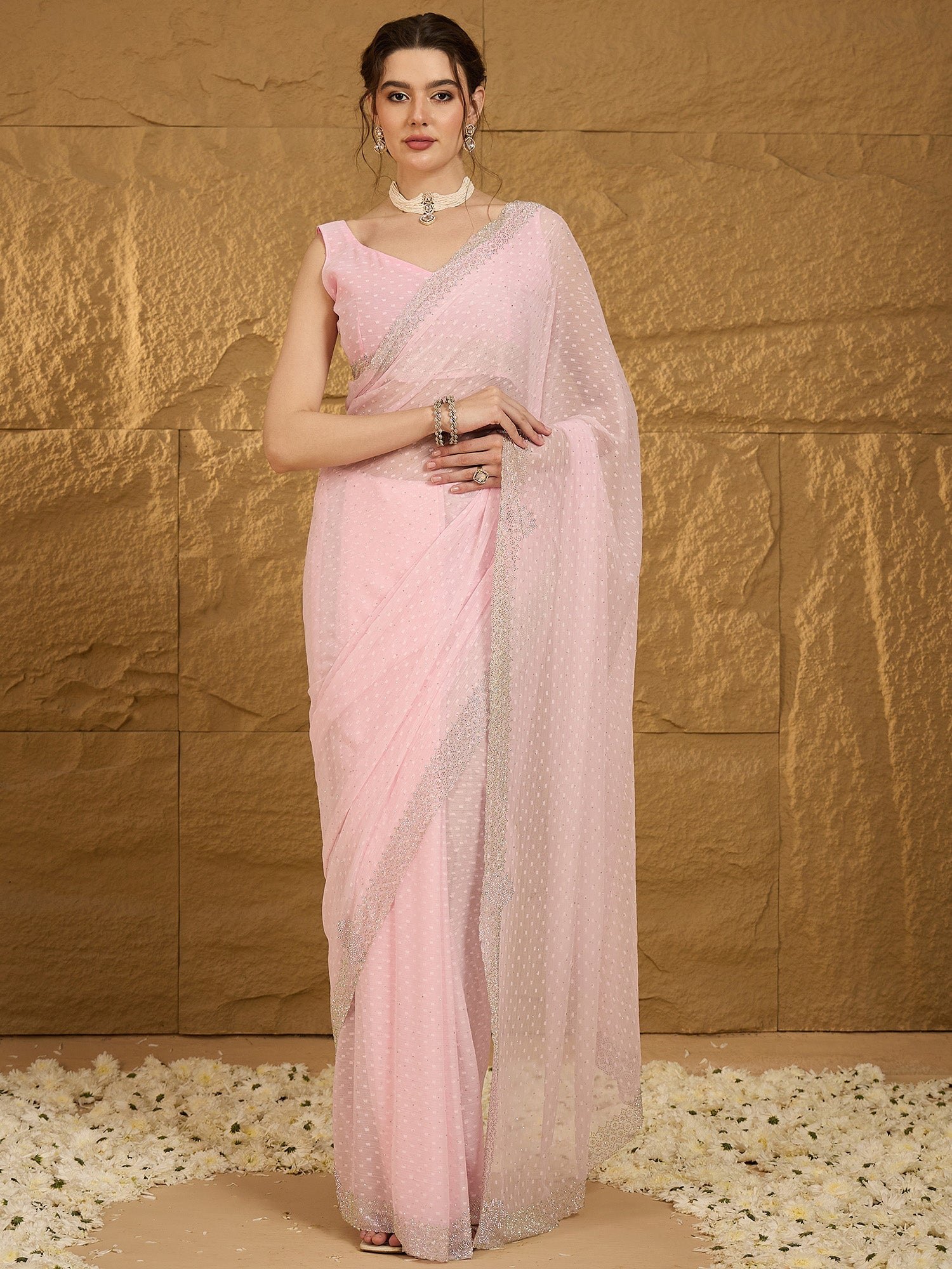 Blush Pink Georgette Sequin Embroidery Saree - Ressa