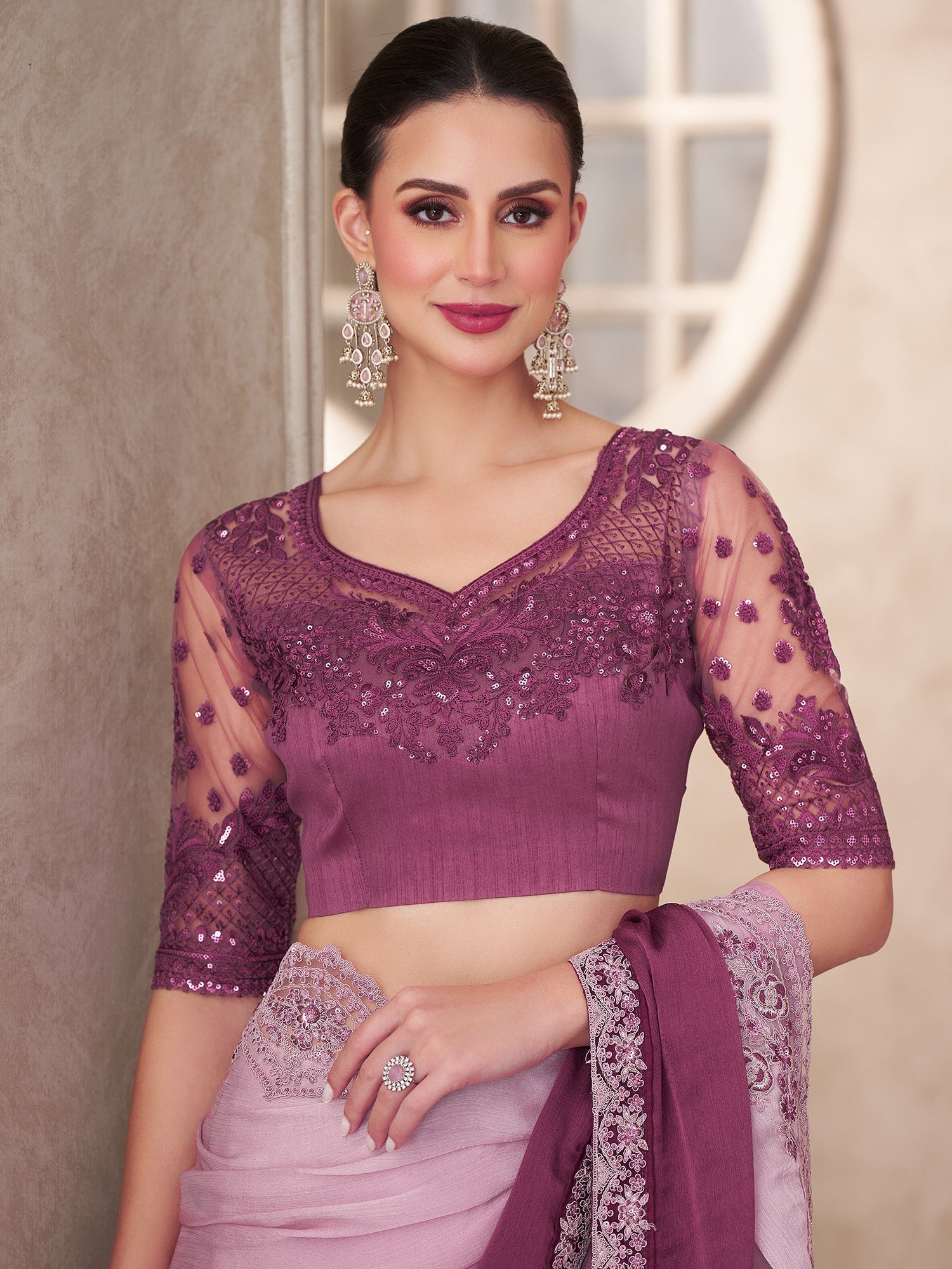 Blush Pink Ombre Embellished Saree - Ressa