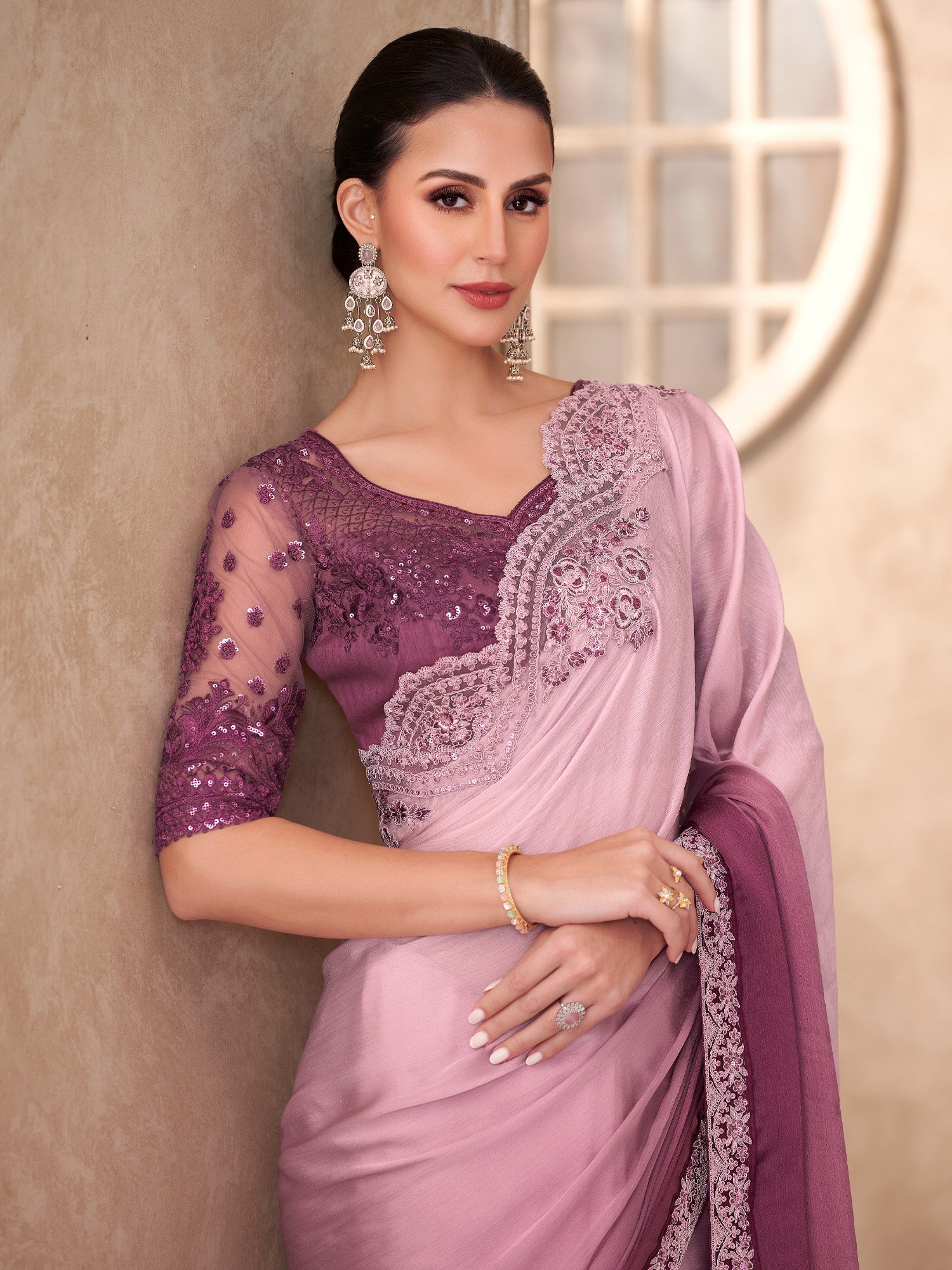 Blush Pink Ombre Embellished Saree - Ressa