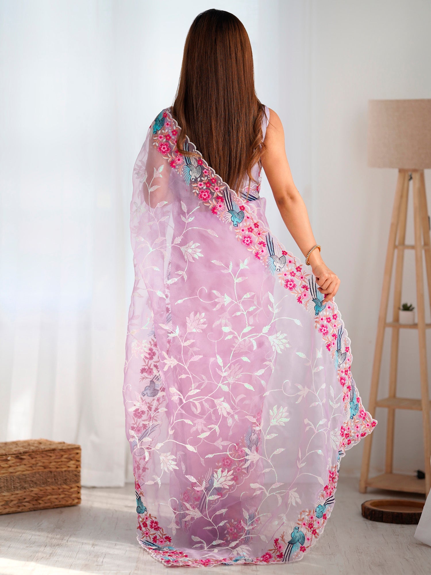 Blush Pink Organza Floral & Bird Embroidery Saree - Ressa