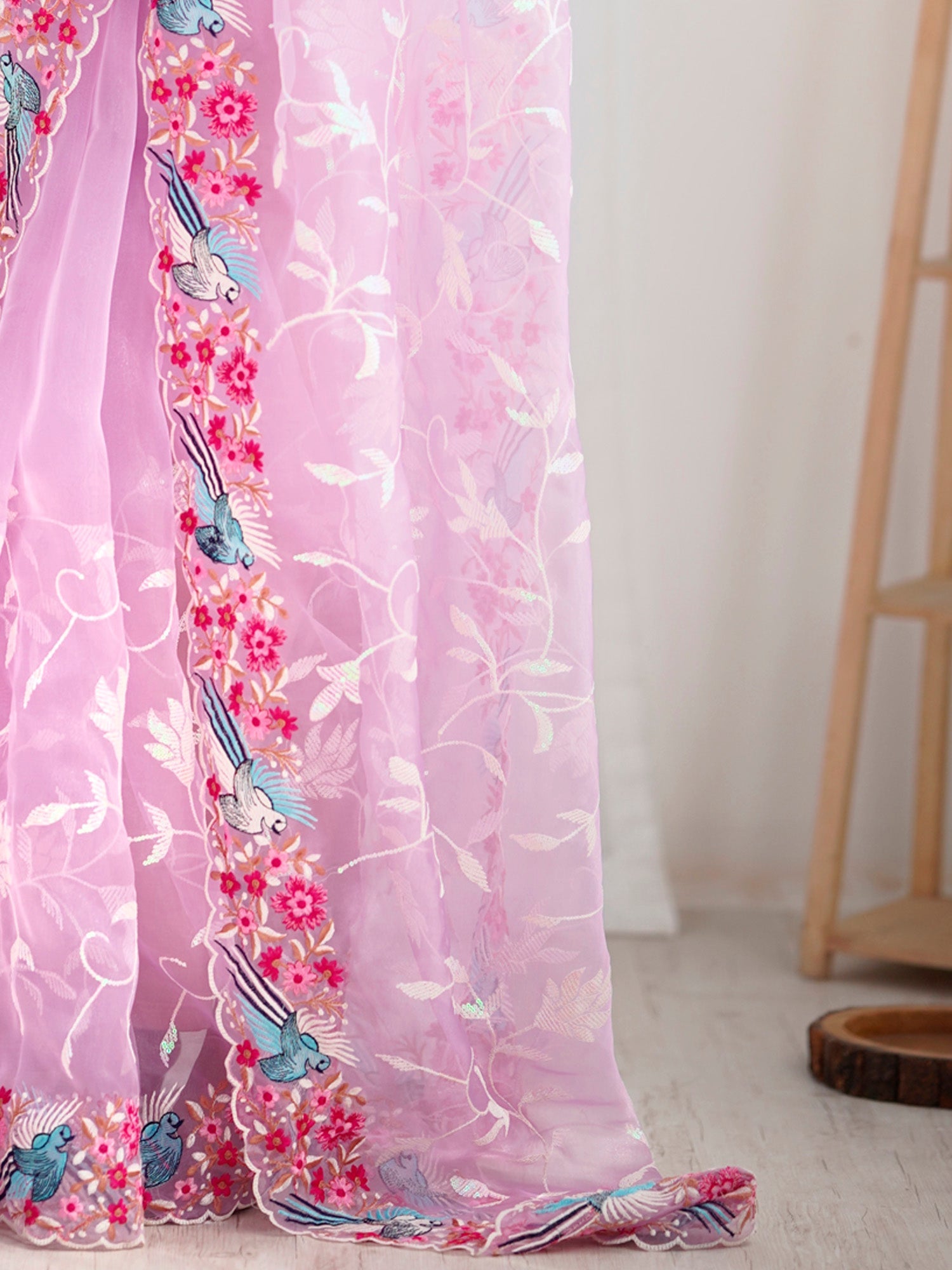 Blush Pink Organza Floral & Bird Embroidery Saree - Ressa