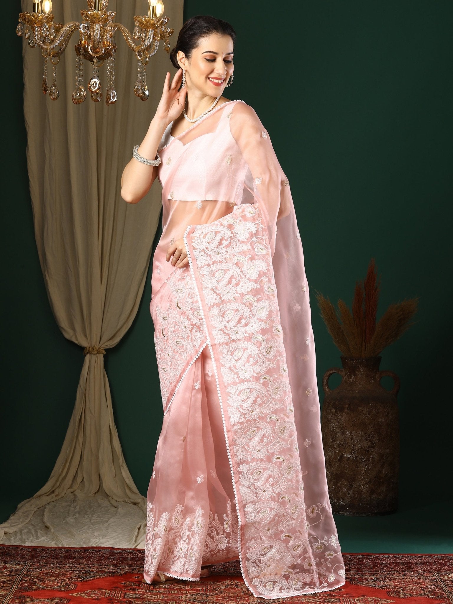 Blush Pink Organza Saree with Chikankari Embroidery & Gold Zari Buti - Ressa