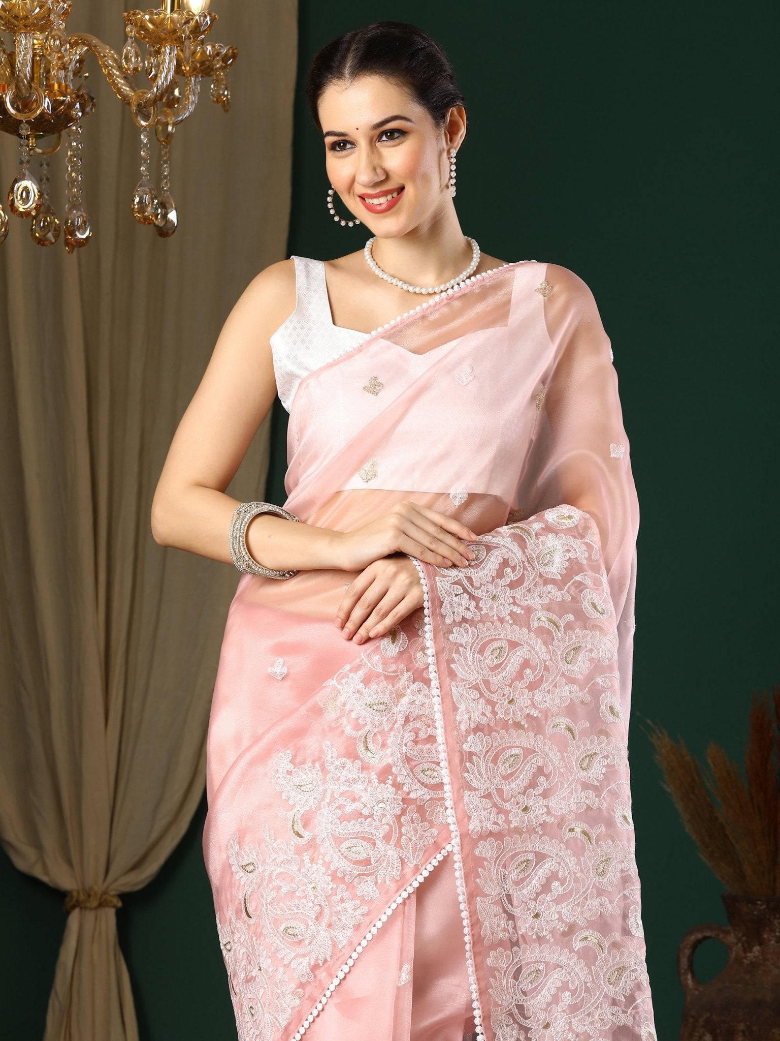 Blush Pink Organza Saree with Chikankari Embroidery & Gold Zari Buti - Ressa