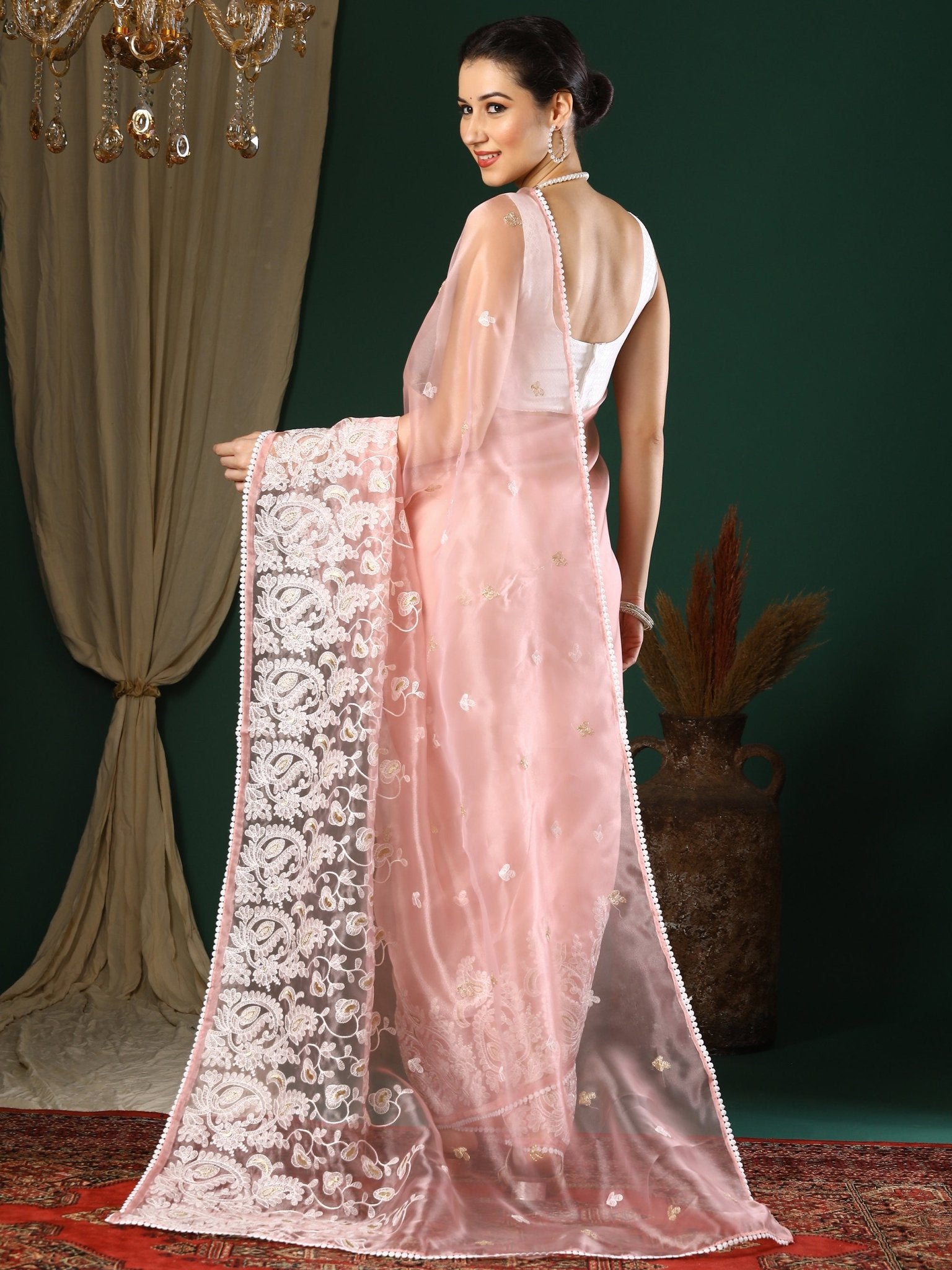 Blush Pink Organza Saree with Chikankari Embroidery & Gold Zari Buti - Ressa