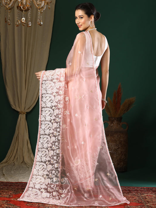 Blush Pink Organza Saree with Chikankari Embroidery & Gold Zari Buti - Ressa