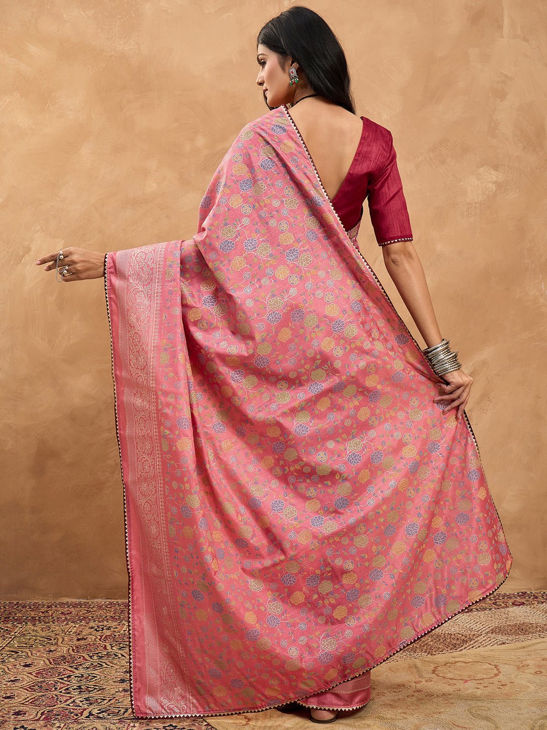 Blush Pink Silk Saree with Multicoloured Floral Jaal - Ressa