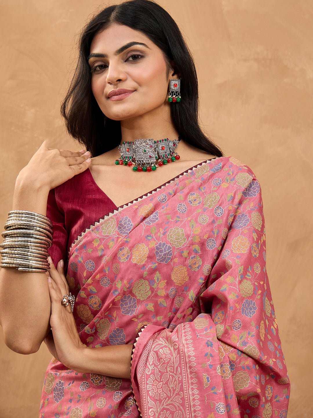 Blush Pink Silk Saree with Multicoloured Floral Jaal - Ressa
