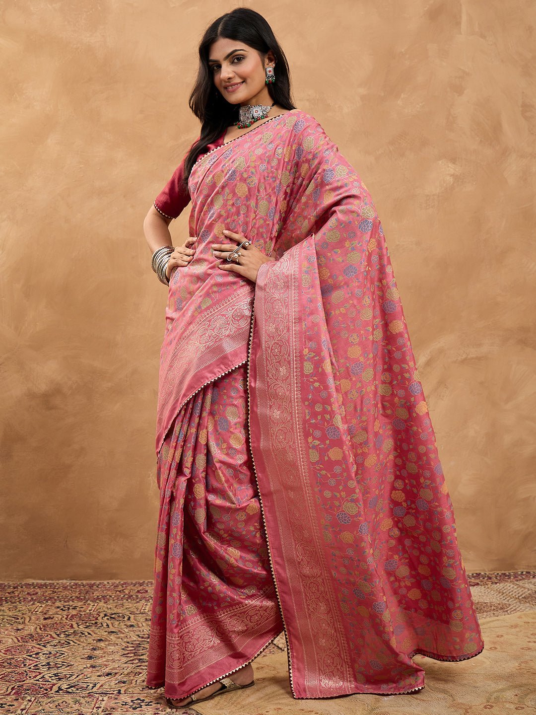 Blush Pink Silk Saree with Multicoloured Floral Jaal - Ressa