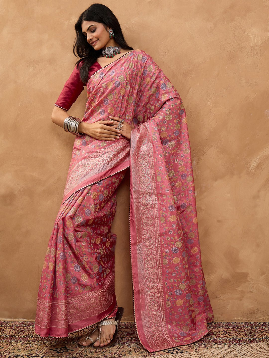 Blush Pink Silk Saree with Multicoloured Floral Jaal - Ressa