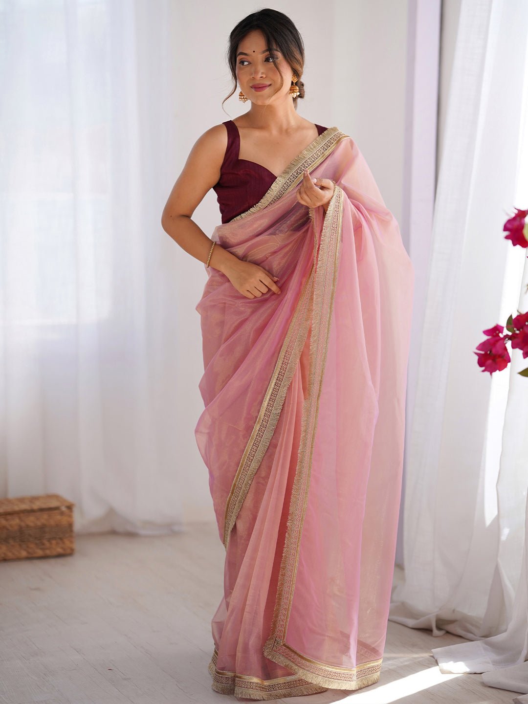 Blush Pink Supernet Saree - Ressa