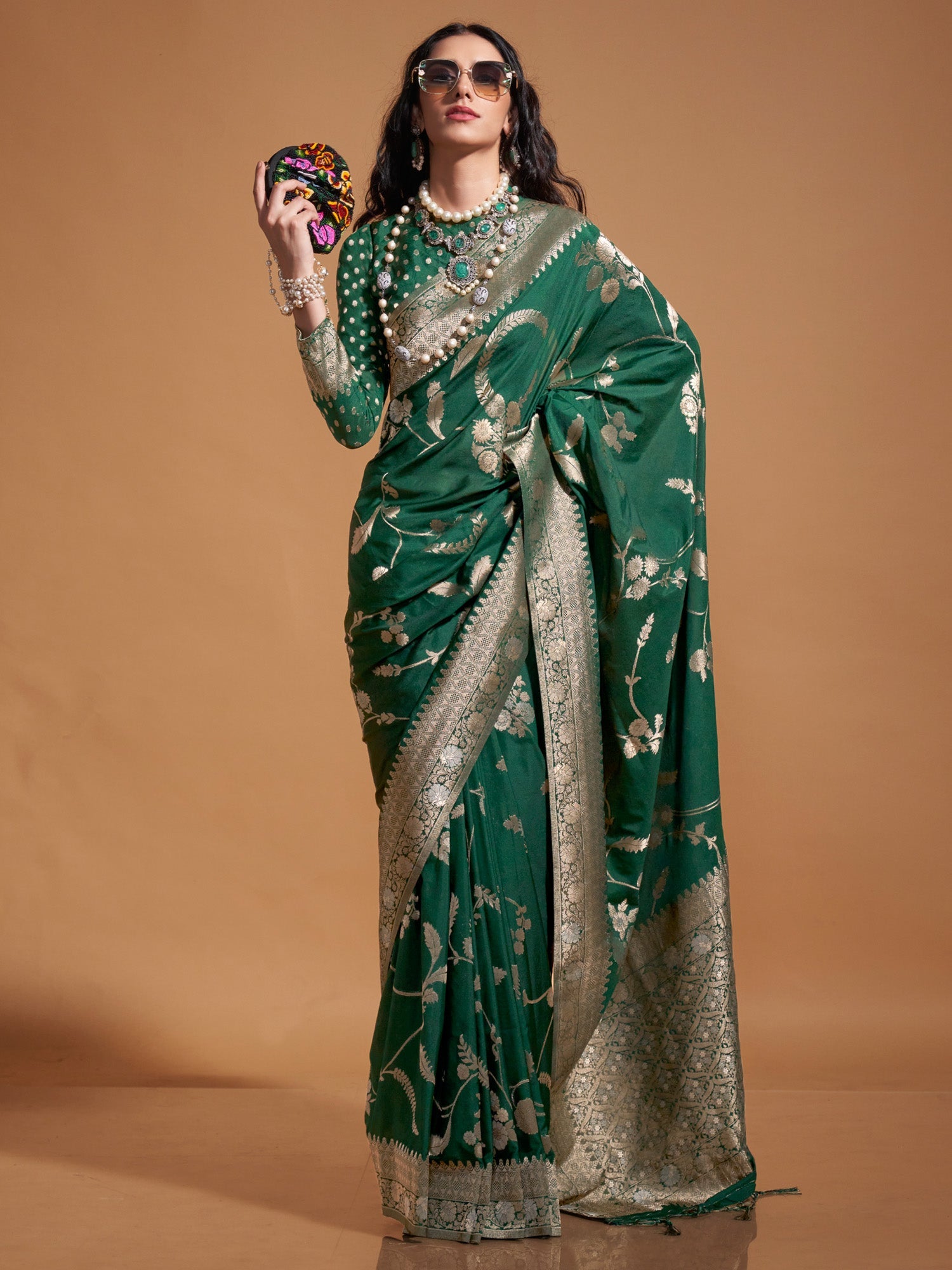 Bottle Green Banarasi Silk Gold Zari Woven Floral Jaal Blouse Saree - Ressa