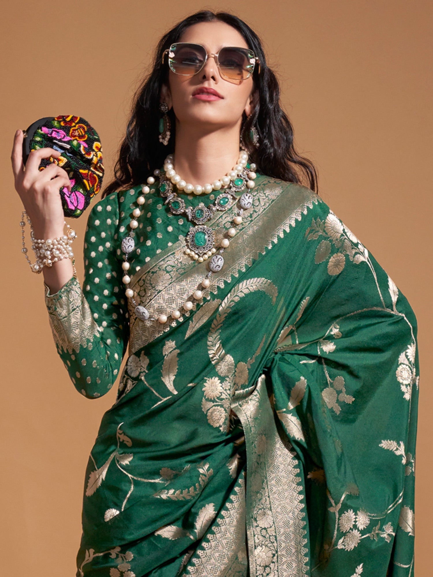 Bottle Green Banarasi Silk Gold Zari Woven Floral Jaal Blouse Saree - Ressa