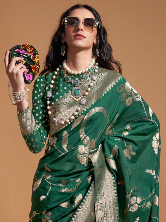Bottle Green Banarasi Silk Gold Zari Woven Floral Jaal Blouse Saree - Ressa