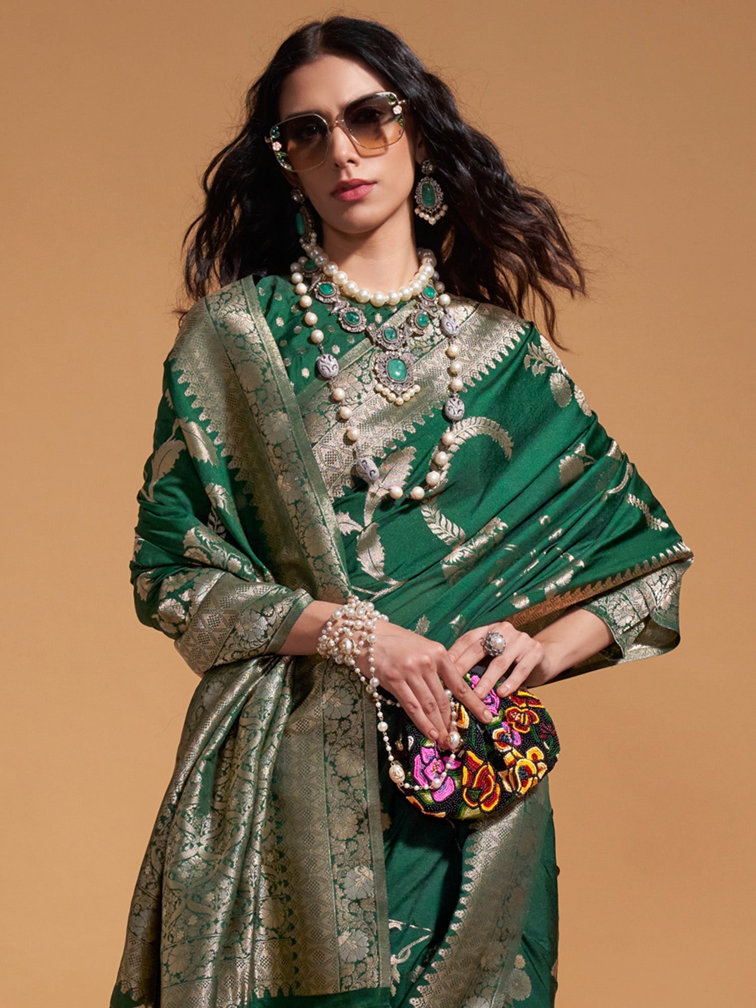 Bottle Green Banarasi Silk Gold Zari Woven Floral Jaal Blouse Saree - Ressa