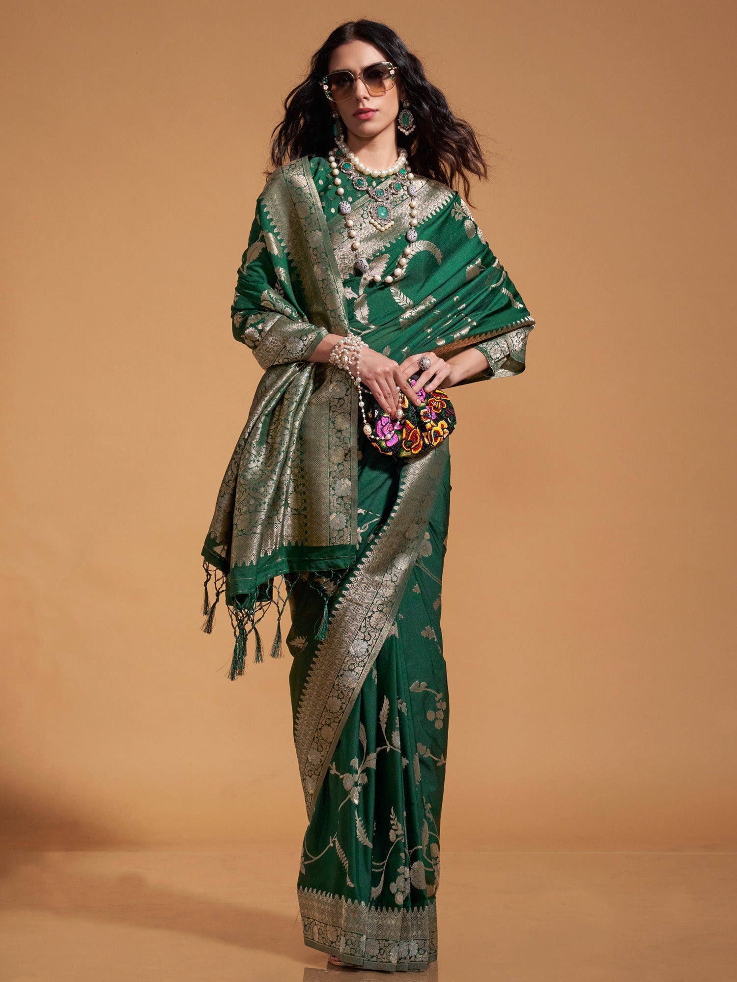 Bottle Green Banarasi Silk Gold Zari Woven Floral Jaal Blouse Saree - Ressa