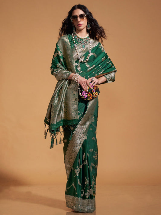Bottle Green Banarasi Silk Gold Zari Woven Floral Jaal Blouse Saree - Ressa