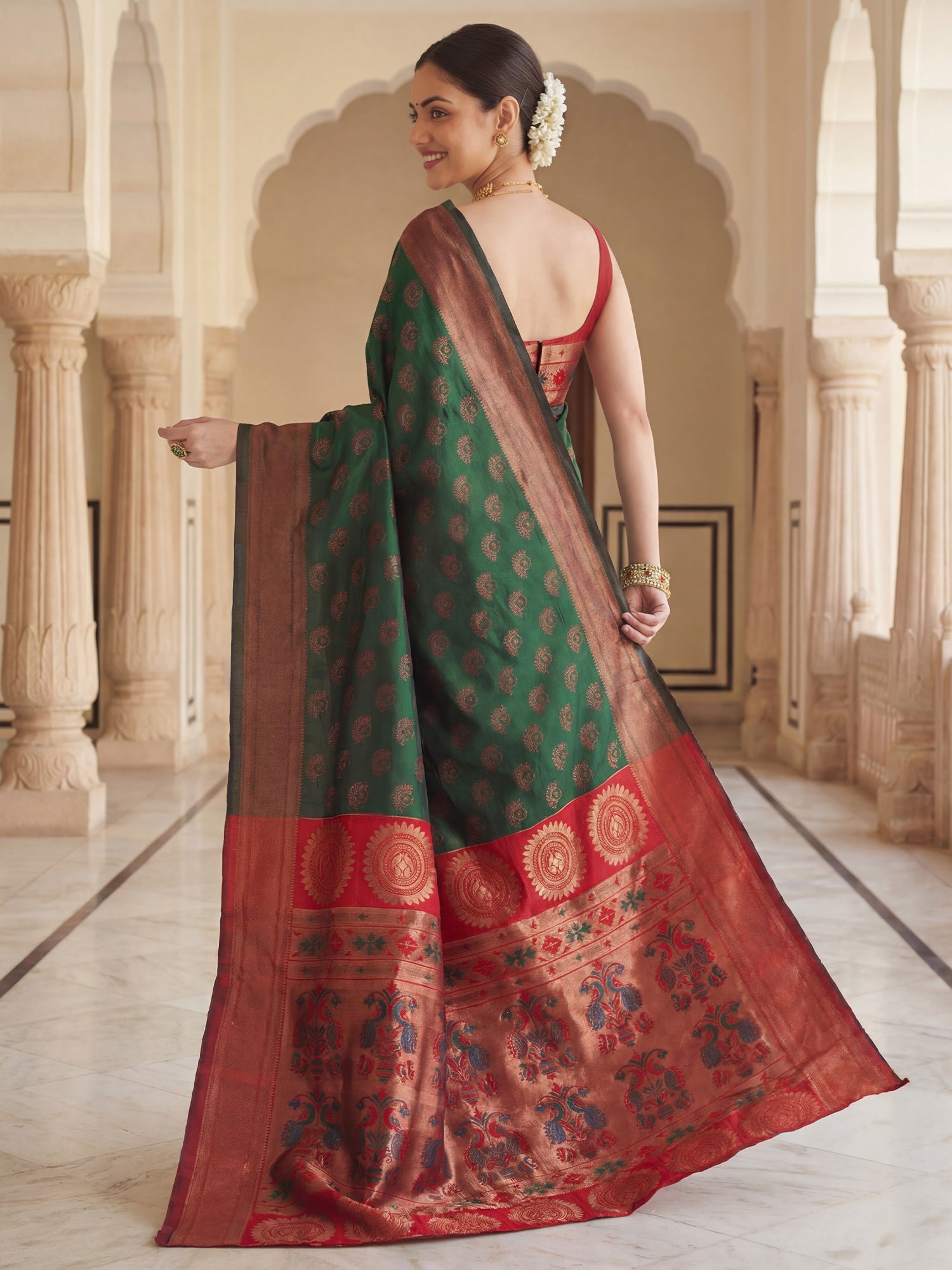 Bottle Green Banarasi Silk Heritage Zari Weave Saree - Ressa