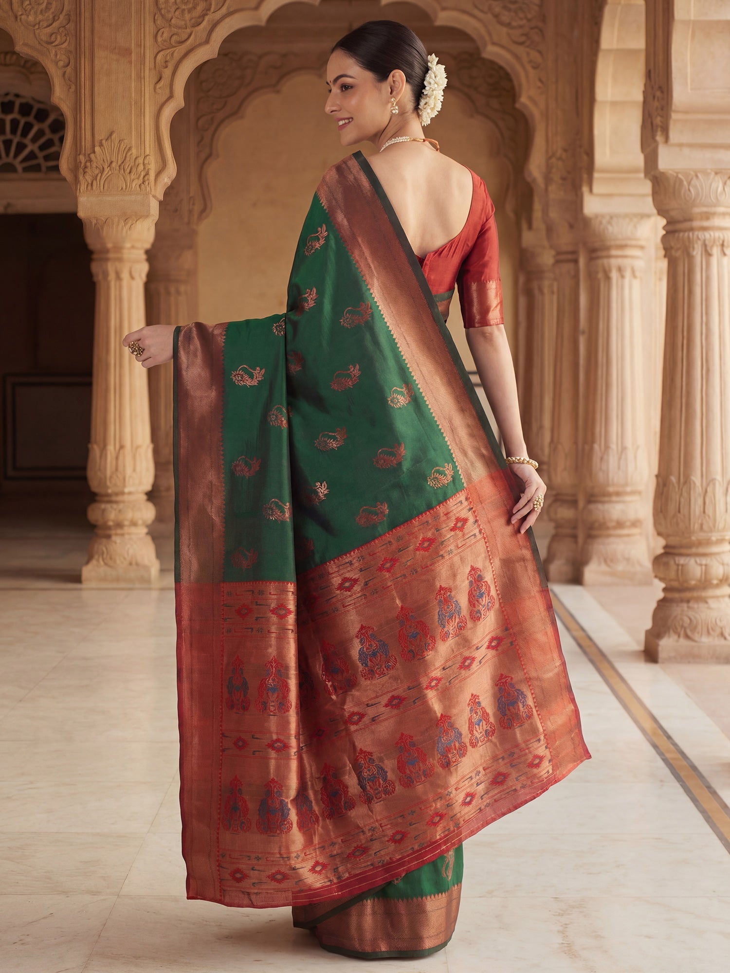 Bottle Green Banarasi Silk Heritage Zari Weave Saree - Ressa