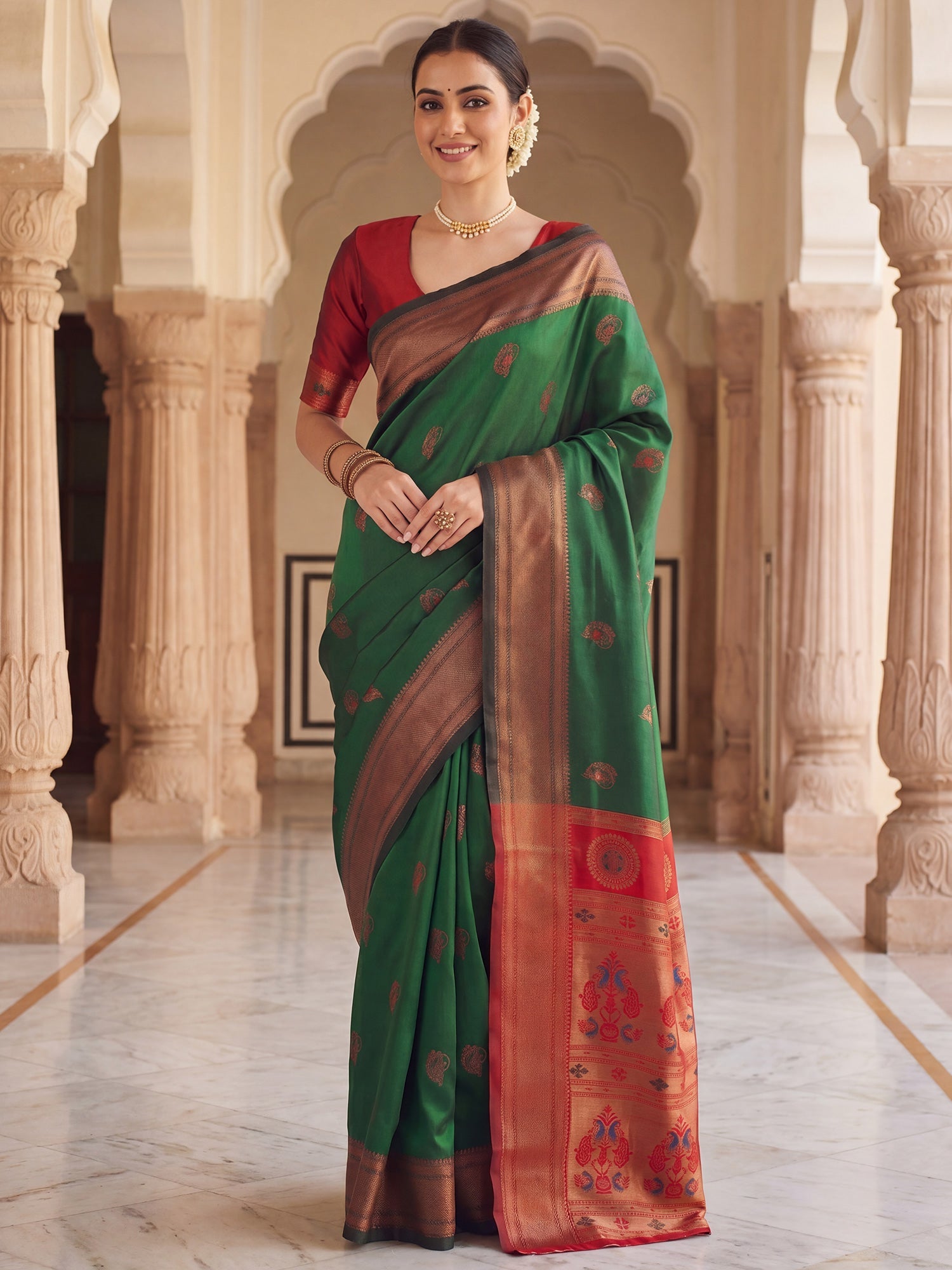 Bottle Green Banarasi Silk Heritage Zari Weave Saree - Ressa