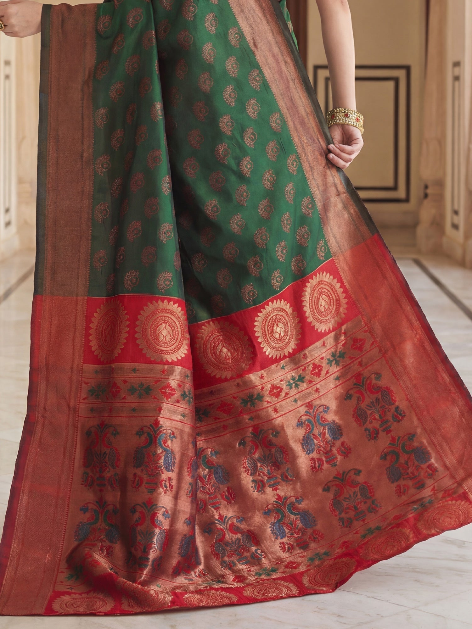 Bottle Green Banarasi Silk Heritage Zari Weave Saree - Ressa